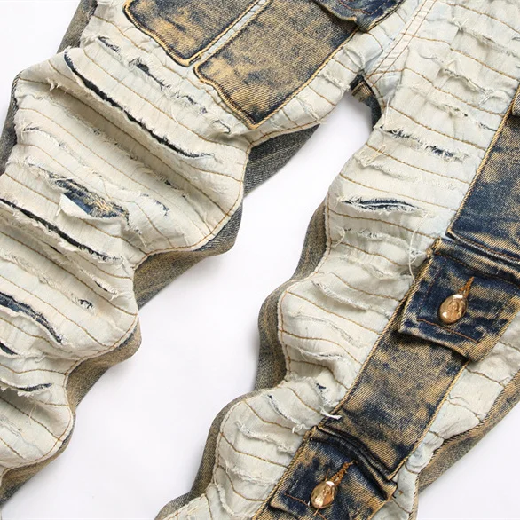 European and American high street pants Ripped jeans men's  spring and autumn thick straight small leg elastic  jeans for men