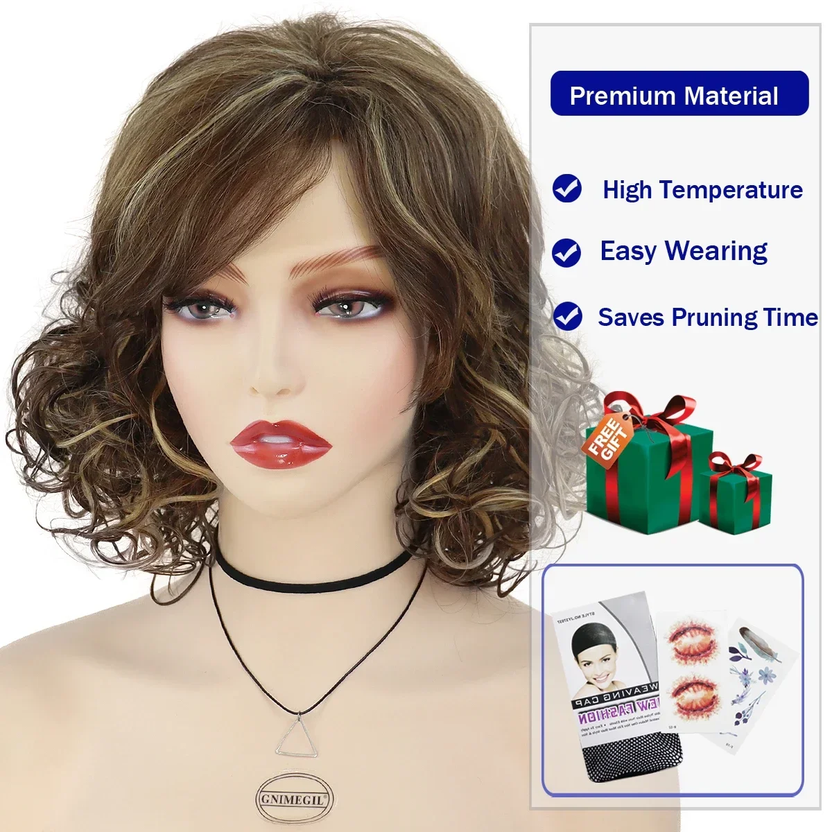 GNIMEGIL Synthetic Fiber Highlights Hairs Wigs for White Women Short Wig with Bangs Curly Wigs for Mother Gifts Brown Mommy Wig