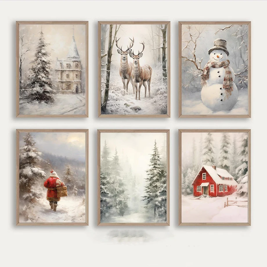 Christmas Gift Posters Snowman Cabin Deer Santa Claus Wall Art Canvas Decorative Painting Prints Pictures Home Decoration Mural