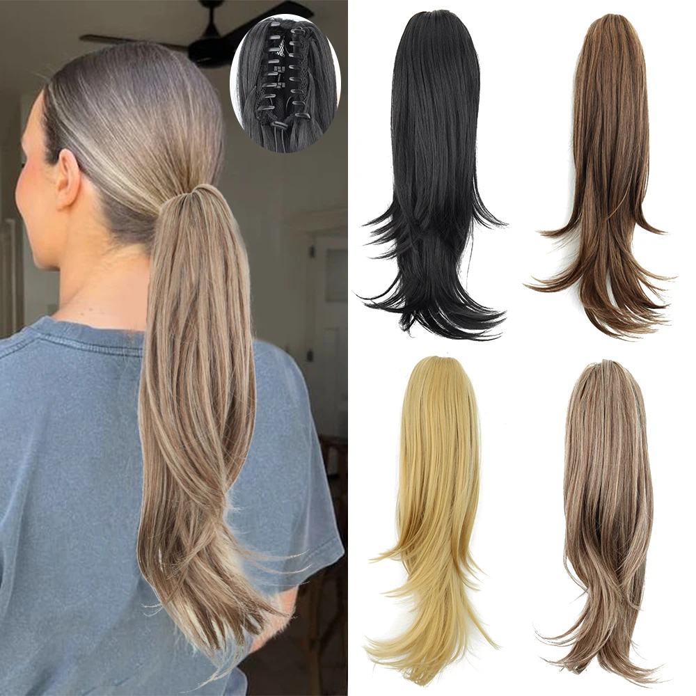 

Synthetic Claw Clip On Ponytail Extensions 18Inch Long Natural Wavy Horse Tail Blonde Brown Fake Tail for Women Daily Use