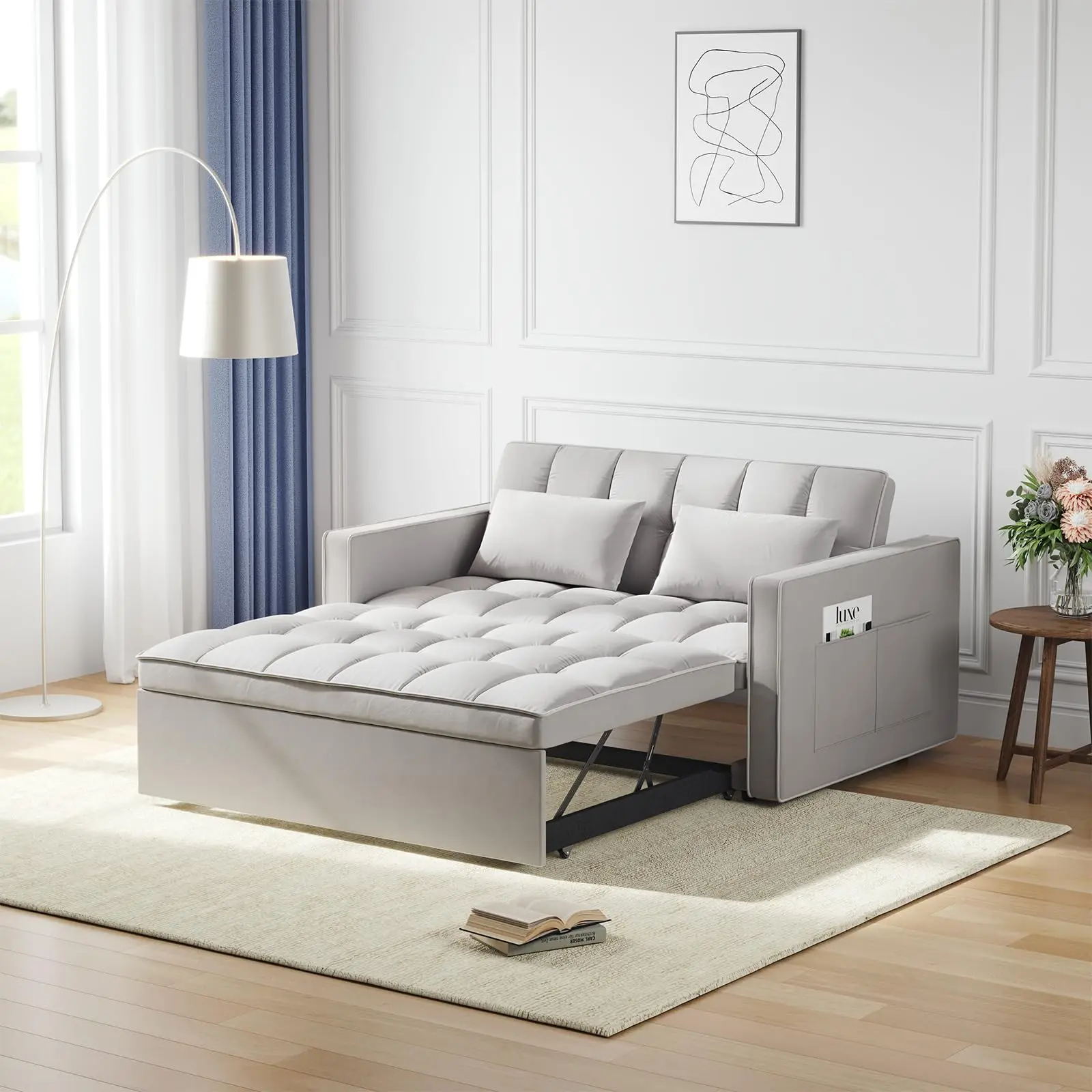 

3-In-1 Convertible Sofa Bed With 3-Level Adjustable Backrest Pull Out Sleeper In Wear-Proof Velvet Fabric Grey