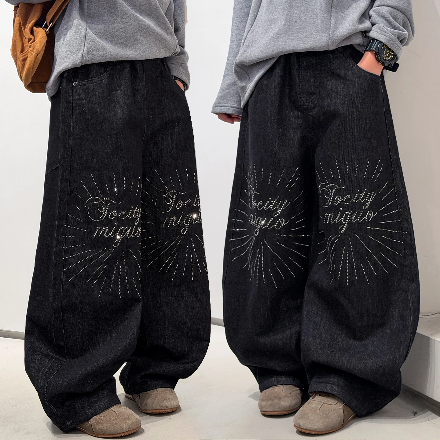 Teen Children's Loose Denim Pants Boys Sparkling Letter Jeans Black Color Trousers Kids Autumn Winter Long Trousers Ages 4-14Y