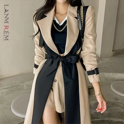 LANMREM Elegant Notched Collar Lady Patchwork Windbreaker Full Sleeve Buttons Belted Women Long Trench Coats 2024 Winter 2W1922