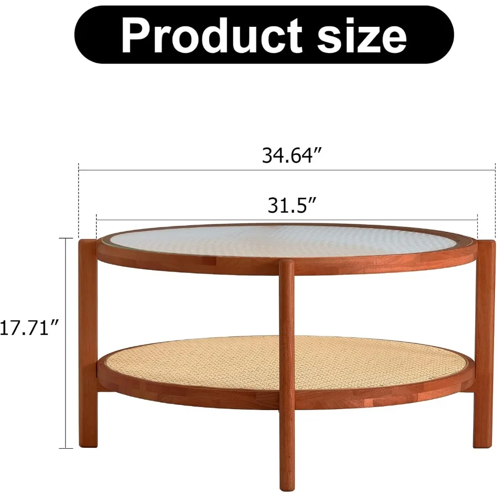 Modern Imitation Rattan Round Coffee Table Round 2-Tier Solid Wood Glass Table Top Sofa Side Tea Table for Living Room Bedroom