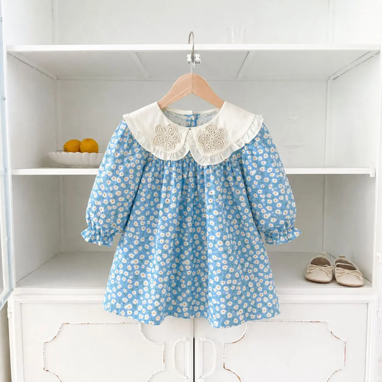 Autumn Girls' Blue Floral Dress Children's Sweet Doll Collar Princess Dresses Spring Versatile Long Sleeve Vestidos