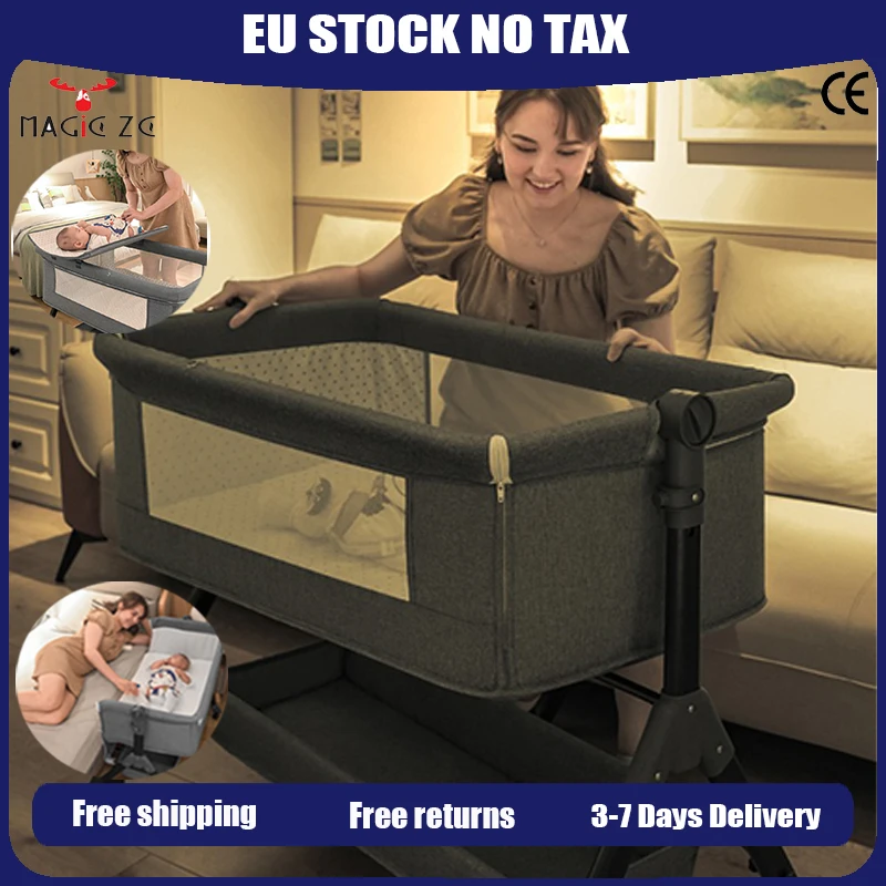 سرير أطفال محمول مع دعم مثلث سرير أطفال أساسيات لحديثي الولادة للنوم المهدئ مهد أطفال قوي متصل بسرير كبير سرير هزاز متحرك مع عجلات ناموسية سلة تخزين هزاز للأطفال #1