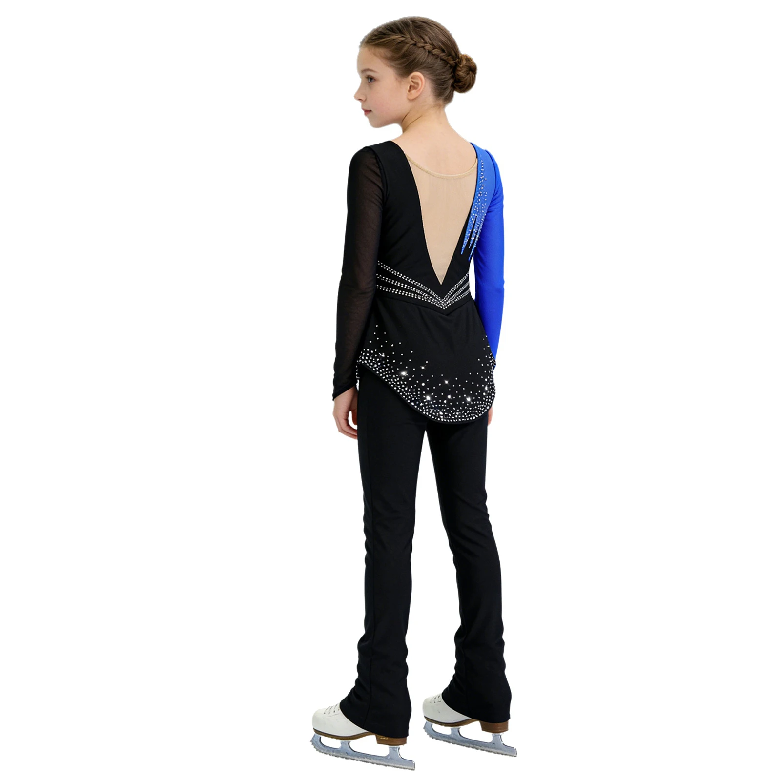 

Детский гимнастический купальник для девочек с блестящими стразами, сетчатыми длинными рукавами, для фигурного катания, балета, танцев, акробатики, тренировок, боди-комбинезон