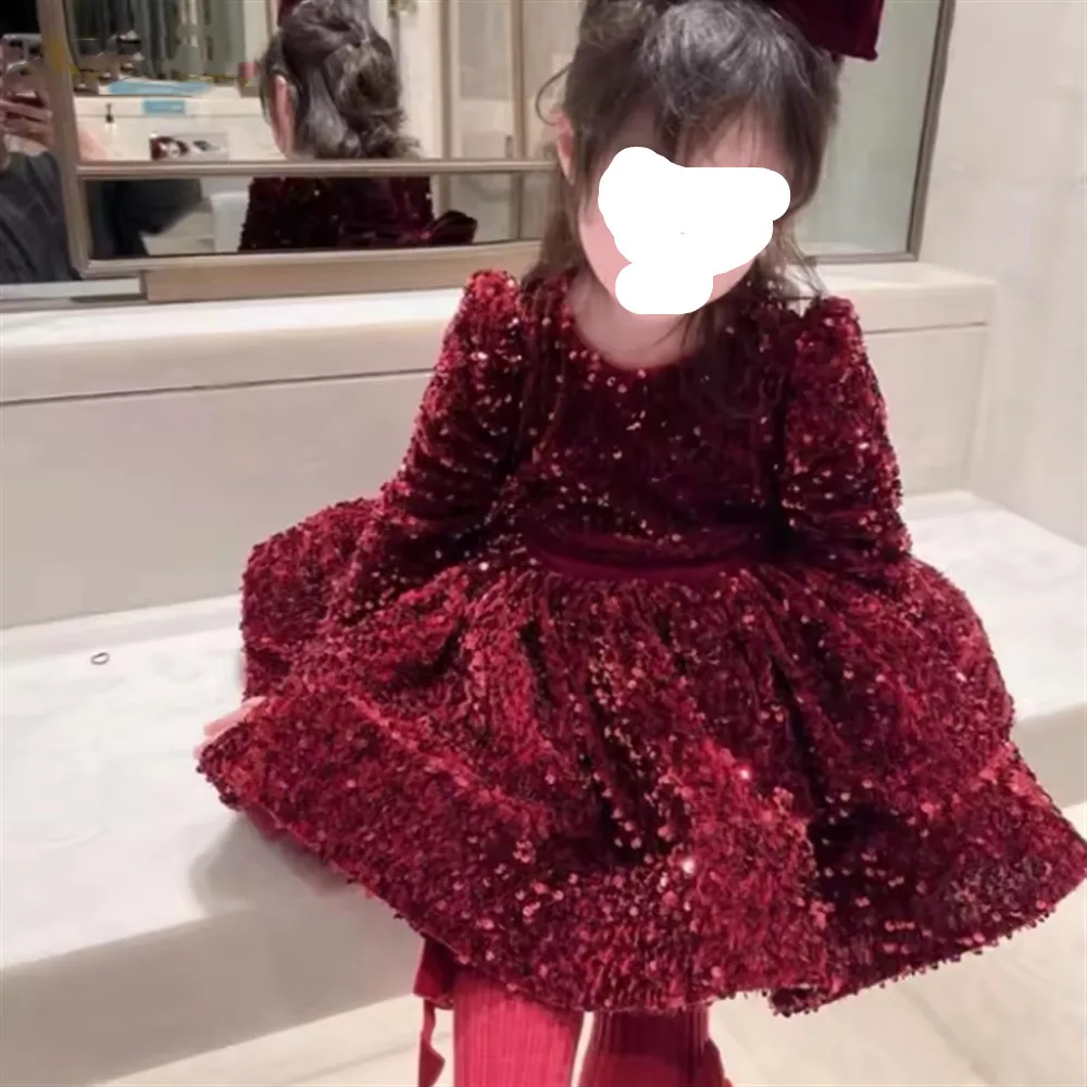 

Shiny Sequined Flower Girl Wedding Dress Full Sleeves with Bow Princess Birthday Party Dress Kids Girls New Year Greeting Gown