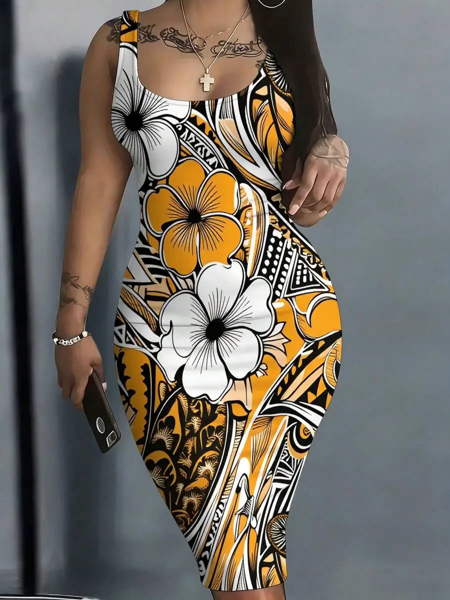 

Floral Print Round Neck Sleeveless Bodycon Tank Dress For Women Summer Spring Slim Fit