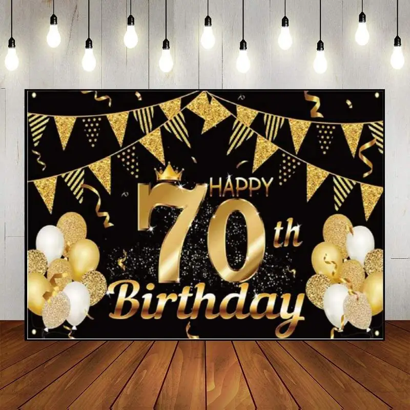 Party Backdrop Photography Banner 70years Happy 70th Birthday Custom Photo Balloon Background Wall Decoration Golden Man Woman