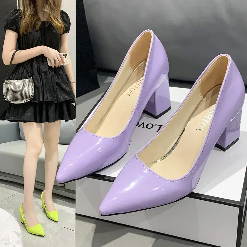 Patent Leather PU Woman Pumps 10cm Square Heels Sexy Party Pointed Toe Luxury Women\'s Shoes Super Big Size 35-43