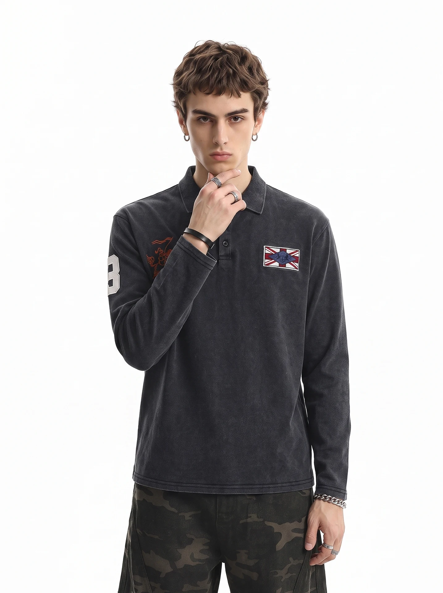 BETEBULE American Style Trendy Worn-out Letter Embroidery Long Sleeve T-shirt Men's Autumn Street Light Short Wide Top