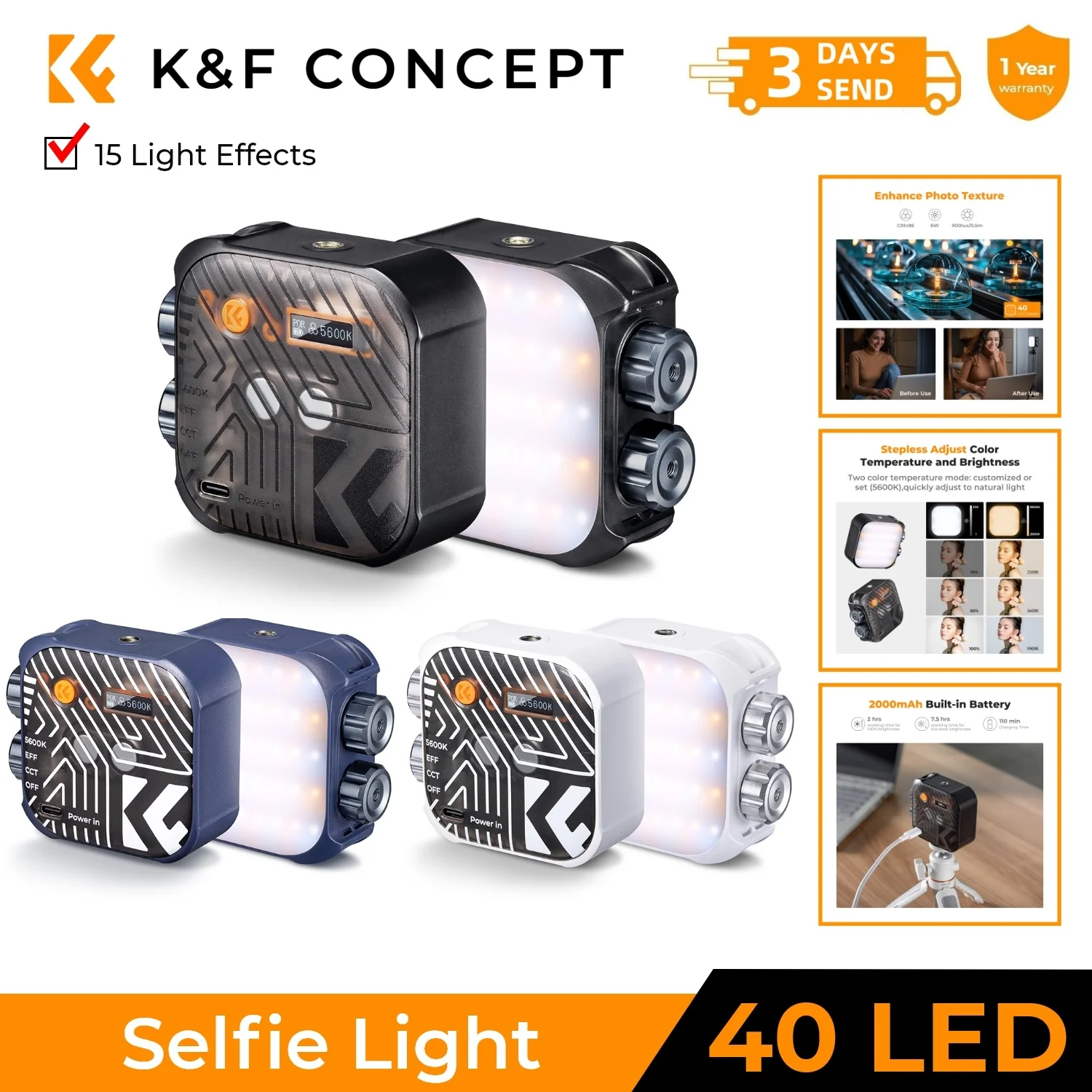 

K&F Concept 2500K-9900K Bi-Color LED Video Light 2000mAh Rechargeable CRI 96+ Camera Lights For Photography Selfie Flash Lamp