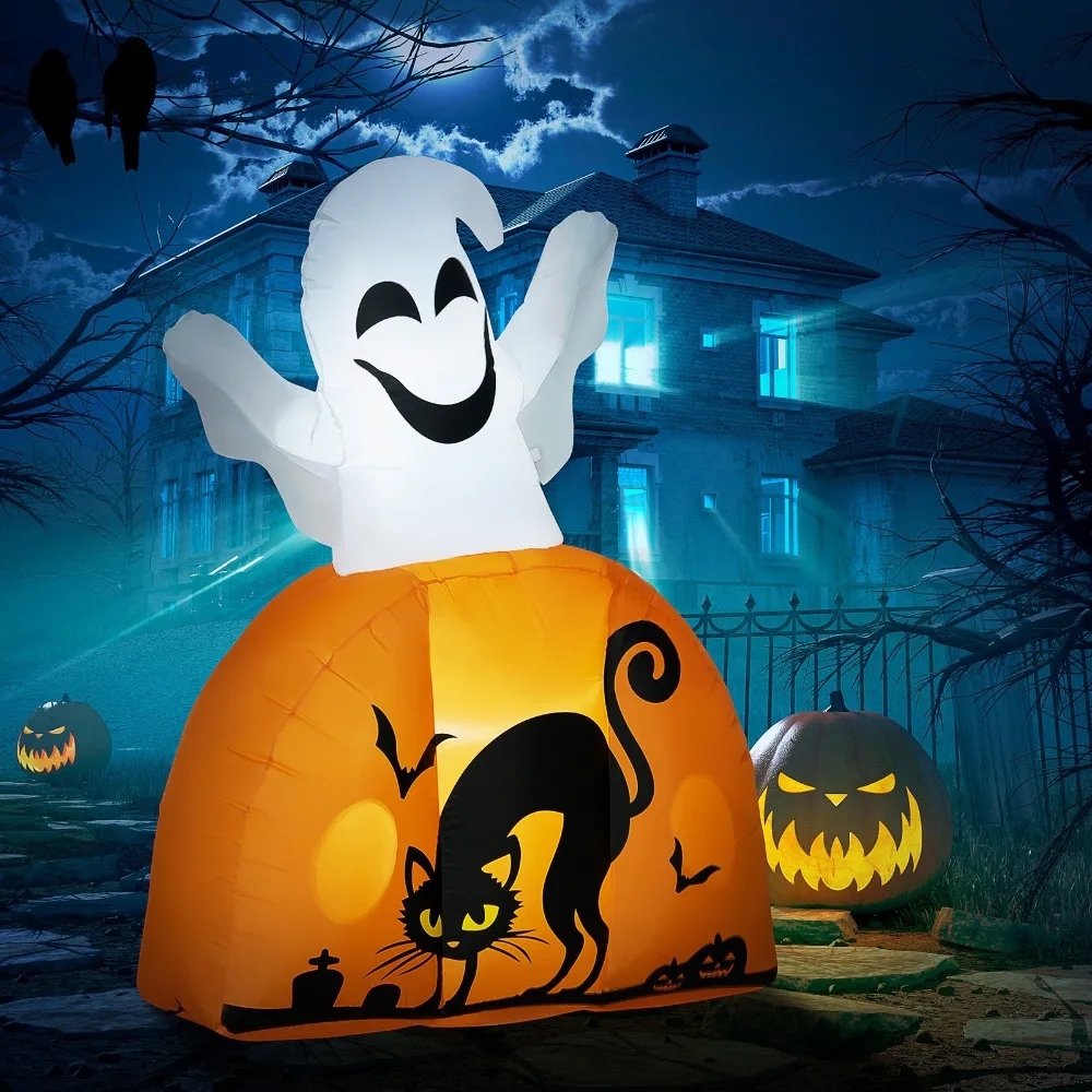 

5FT Halloween Inflatable Ghost with Pumpkin Base and Lights 43.25 W x 15.75 D x 59 H