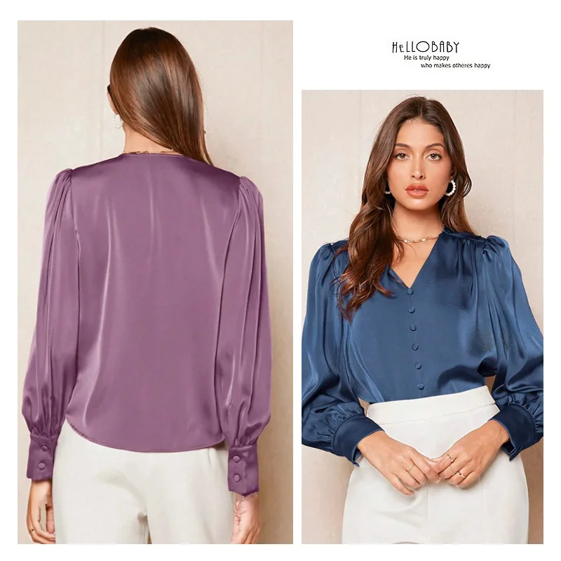 

VCollar Pullover Top Fashionable Women's Shirt Satin Style Top New European and American Women's Fashion Direct Sale