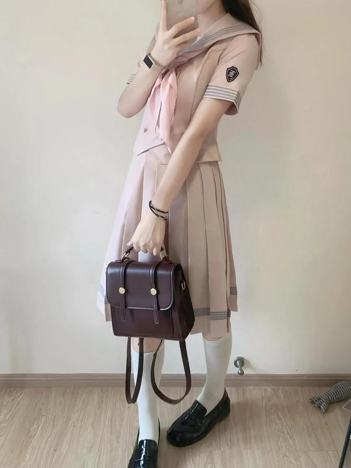 Sweet Kawaii JK Uniform 2 Piece Set Women Pink Sailor Collar Bow Tie Emblem Patch Short Sleeve High Waist Pleated Skirt Slim view 3