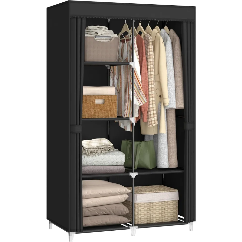 

35 Inch Portable Closet for Small Room, Clothing Organizer Storage Rack with Non-Woven Fabric Cover, 1 Clothes Hanging Rod, 6 St