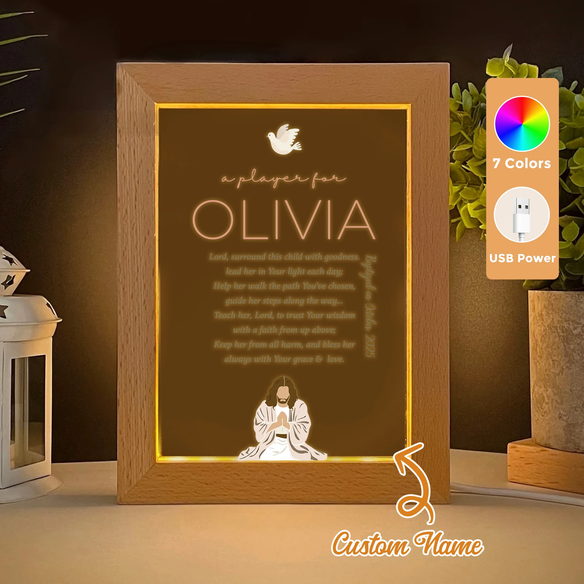 

2D Flat Custom Name Christianity Is Baptized LED Acrylic Night Light Wood Photo Frame 21x17cm Family Bedroom Gifts Home Decor