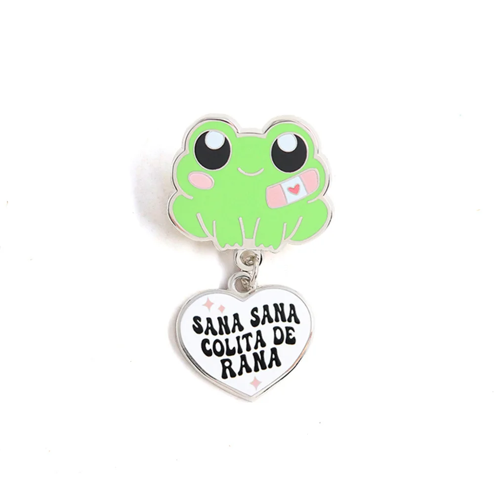 1pc Cute Healing Frog Brooch, Spanish Nursery Rhyme Quote Badge, Kawaii Soft Collectible Pin, Gentle Daily Outfit Accessory