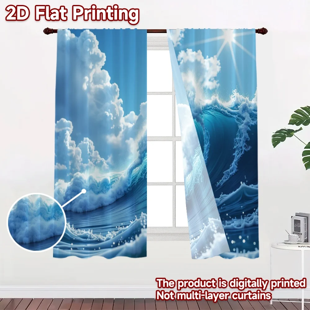 2D flat 2pcs Curtain Modern Minimalist Style Sunny Ocean Wave Digitally printed polyester Party & Holiday Decor Use for Festive