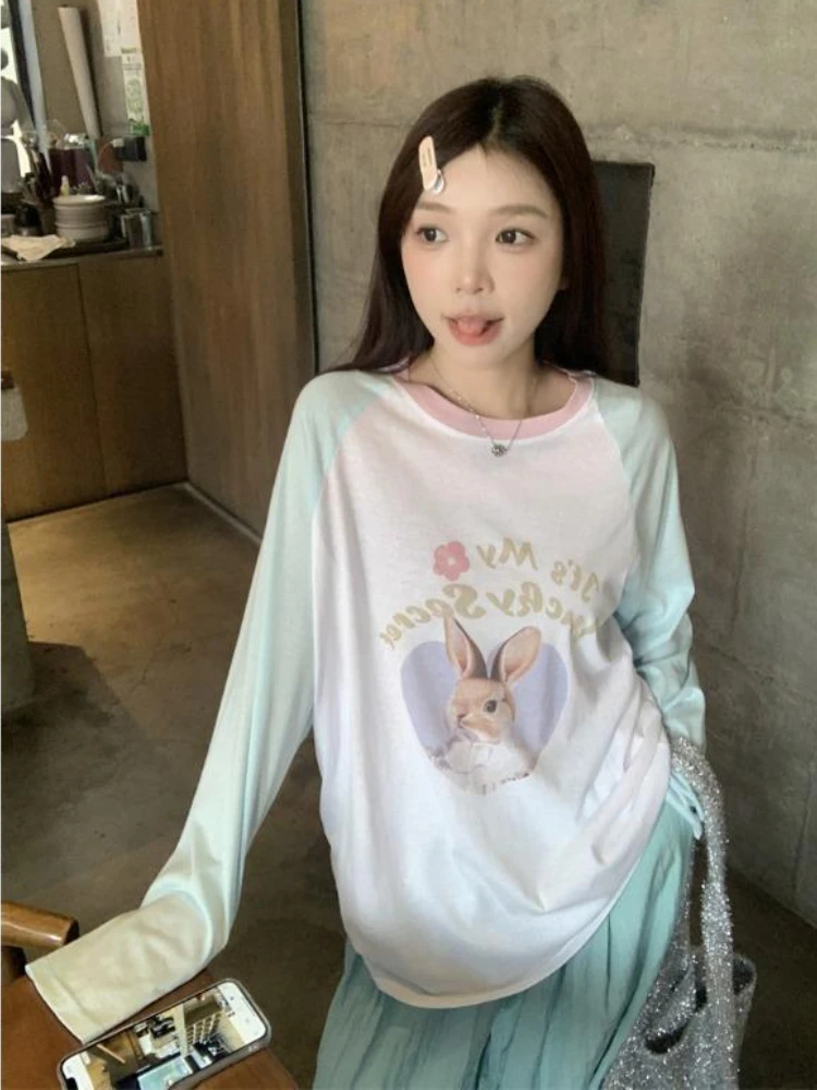 Korean Chic Sweet Loose Long Sleeve Tshirts Contrast Color Patchwork Cartoon Printed Graphic Tee Shirts Y2k Aesthetic E-girl Top