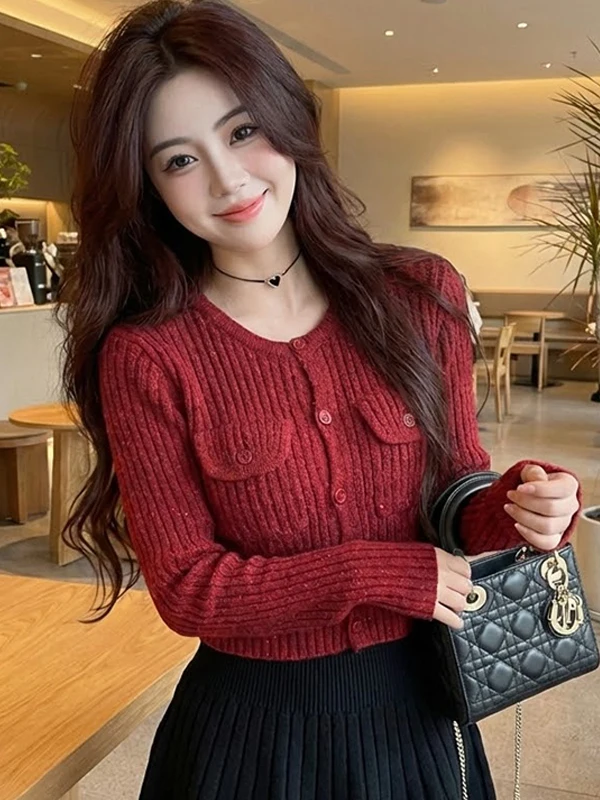 

Red Long Sve Knitted Open Cardigan Women's Faion Spring New Unique Beautiful ort Sweater Top Lightweight Luxury Sle ...