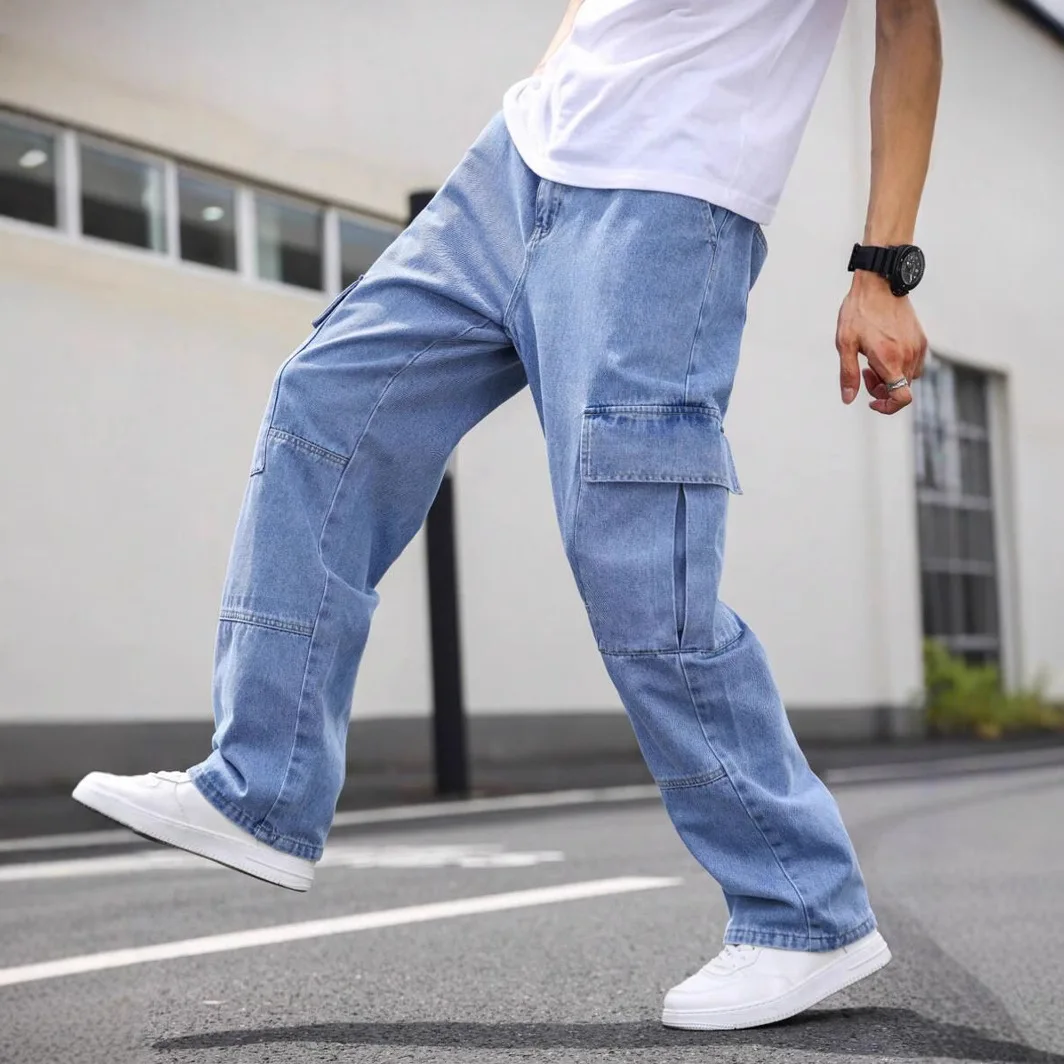 

Street Style Men Loose Multiple Pockets Motorcycle Cargo Jeans Male Stylish Carpenter Straight Denim Pants