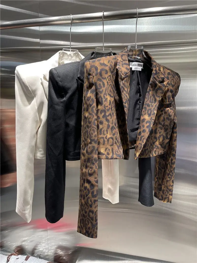 Kobiety Wiosna Leopard Printed Blazers Jacket Slimming Long Sleeved Suit Jacket Coat OL Turn Down Collar Cardigan High Waist Tops