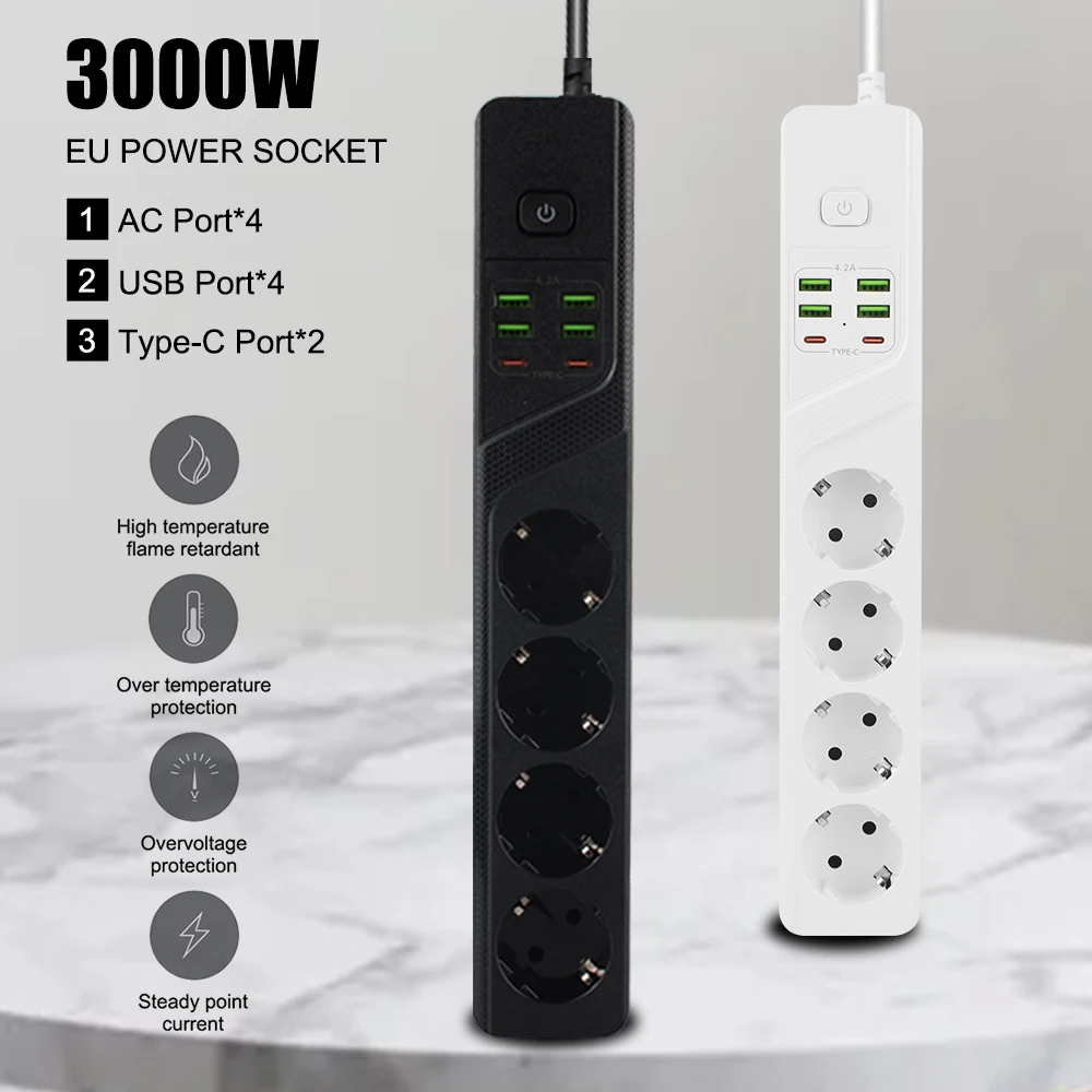 100V-250V 10A Power Socket EU Plug 5V/4.2A USB Type-C Charger Adapter 4 Ports AC Outlet 3000W Office Socket Expansion Board