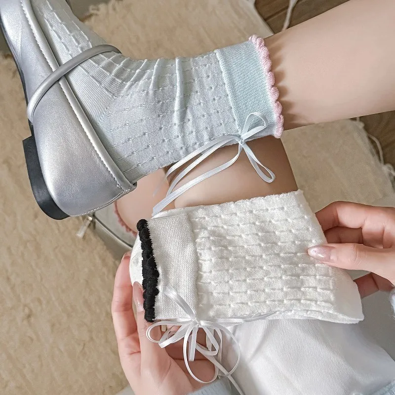

Solid Color Stockings Bow Tube Socks for Women White Lace Women's Socks Casual Versatile Breathable Stockings Soft Skin Friendly