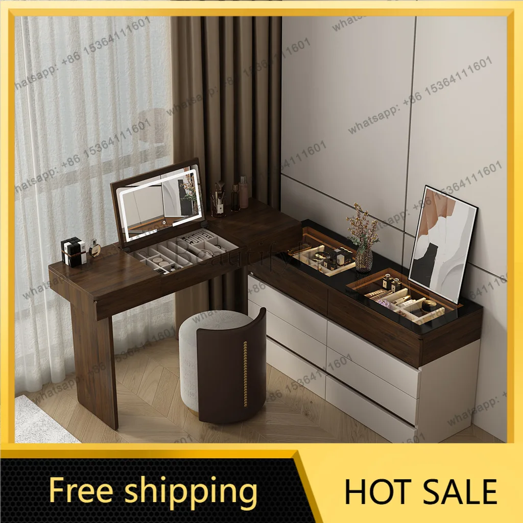 LD Luxury Makeup Vanity Desk with Flip 3 Light Solid Wood Vanity Desk with Mirror Dressing Table Storage Set 6 Drawers