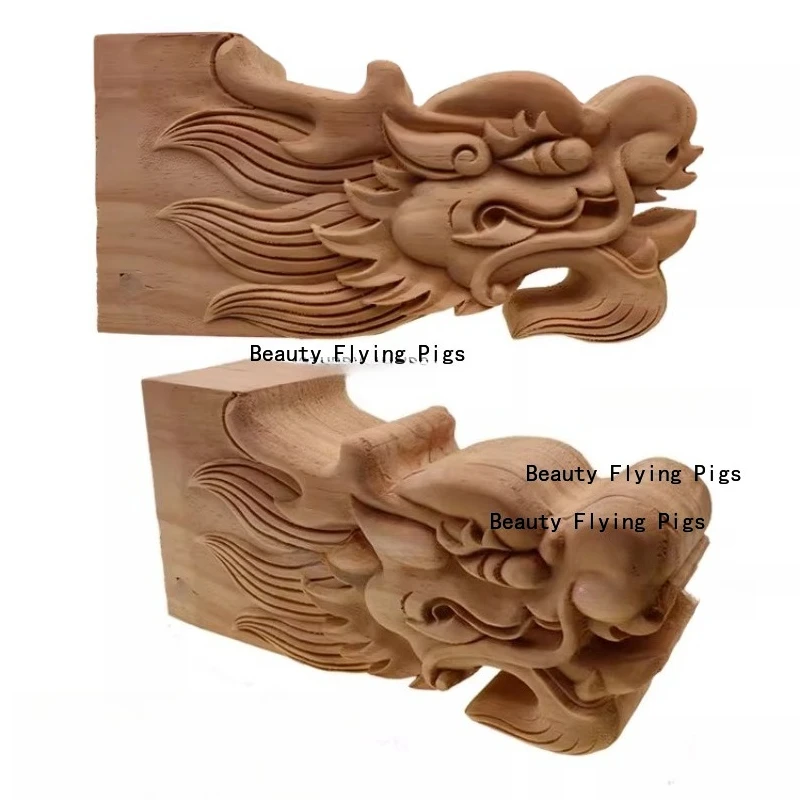 Solid wood carved dragon head Ming and Qing handmade three-dimensional upturned eaves dragon tail decoration