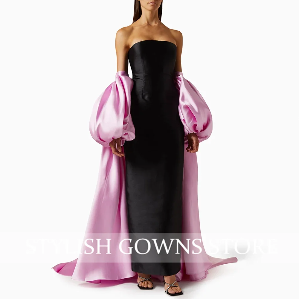 ชุดราตรีสีดําชุดราตรีแขนสีชมพู Cape ผู้หญิงชุดวันเกิดพรรคชุดหรูหราพรรคอย่างเป็นทางการชุดที่กําหนดเอง