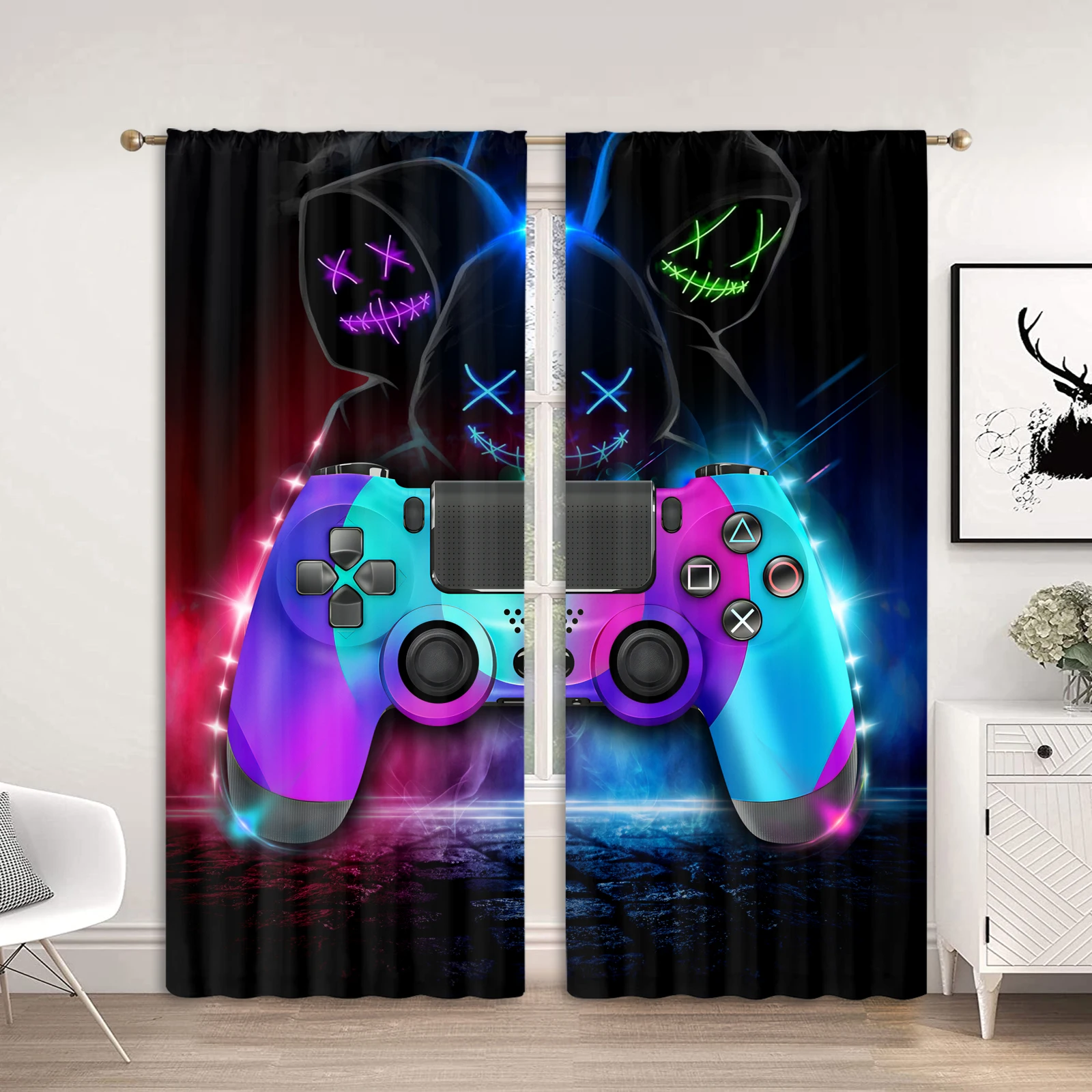 Gaming Curtains Drapes Kids Gamer Video Games Curtain Set for Boys Modern Game Controller Fabric Curtain Green Gamer 2Pieces