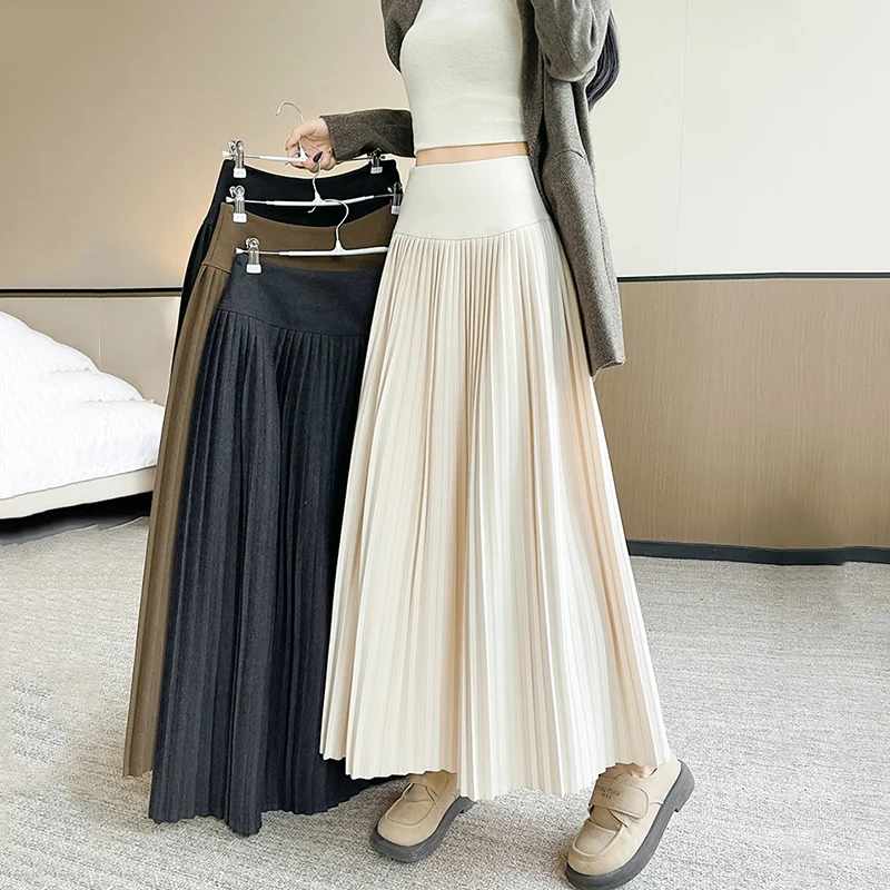 Autumn Winter Wild High Waist Pleated Skirt Women Korean Woolen A Line Long Skirts Woman Solid Coloe Warm Zipper Umbrella Skirt