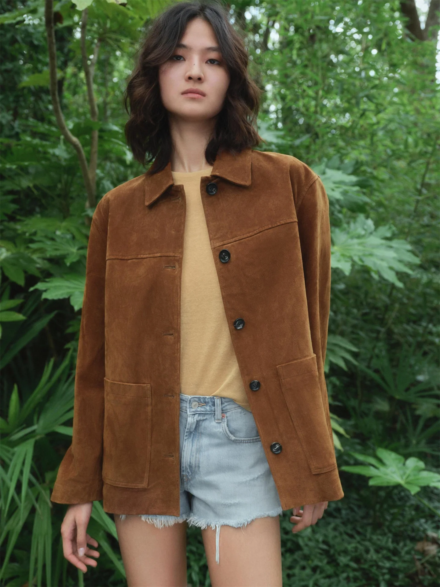 Brown Suede Jaet Women's Oversize Autumn Flip Collar Faux Leather Coat Long Sve Commute Sle Regular Fit Faionable