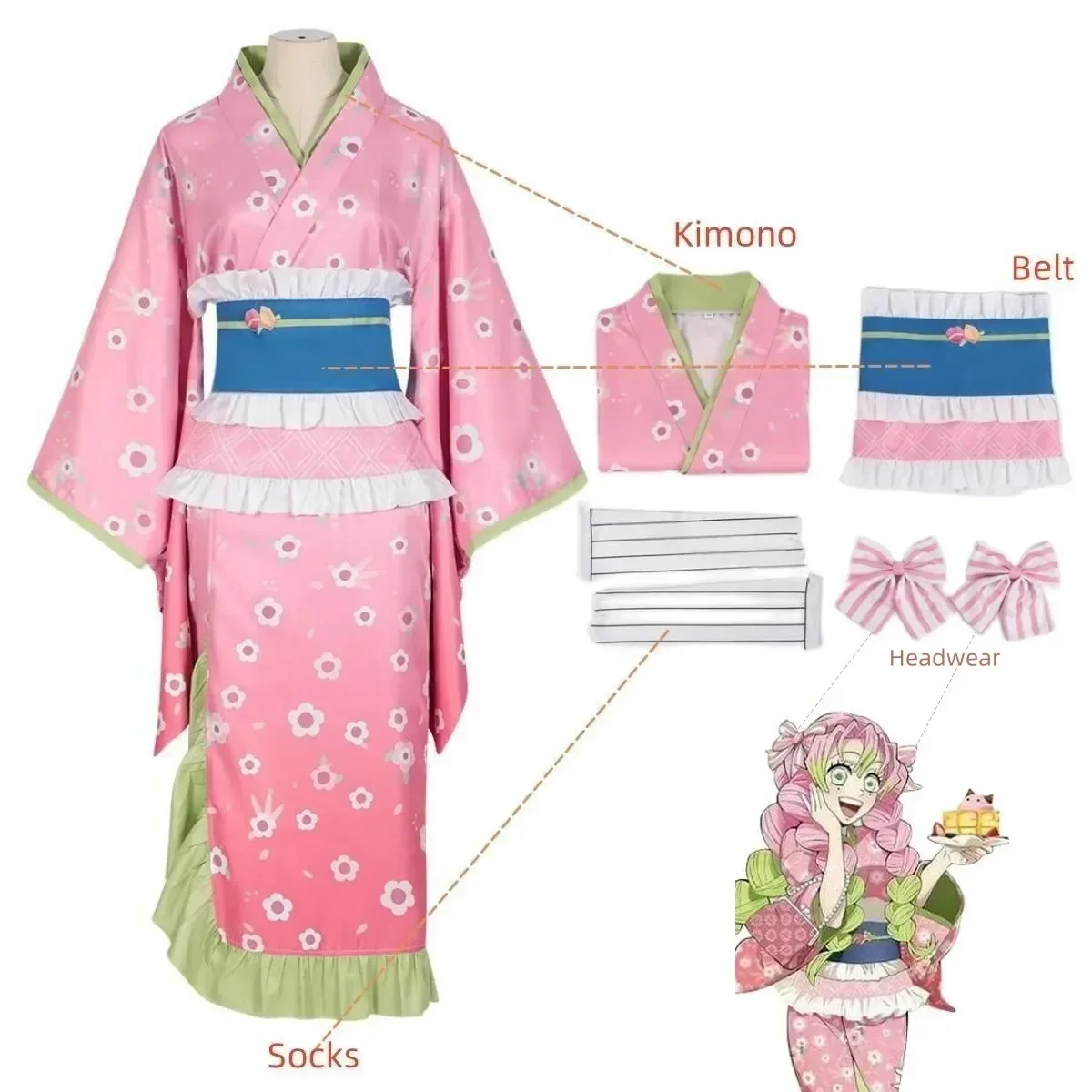 New Fashion Kanroji Mitsuri Cosplay Costume Pink Kimono Dress Outfits Halloween Carnival Party Disguise Women Suits