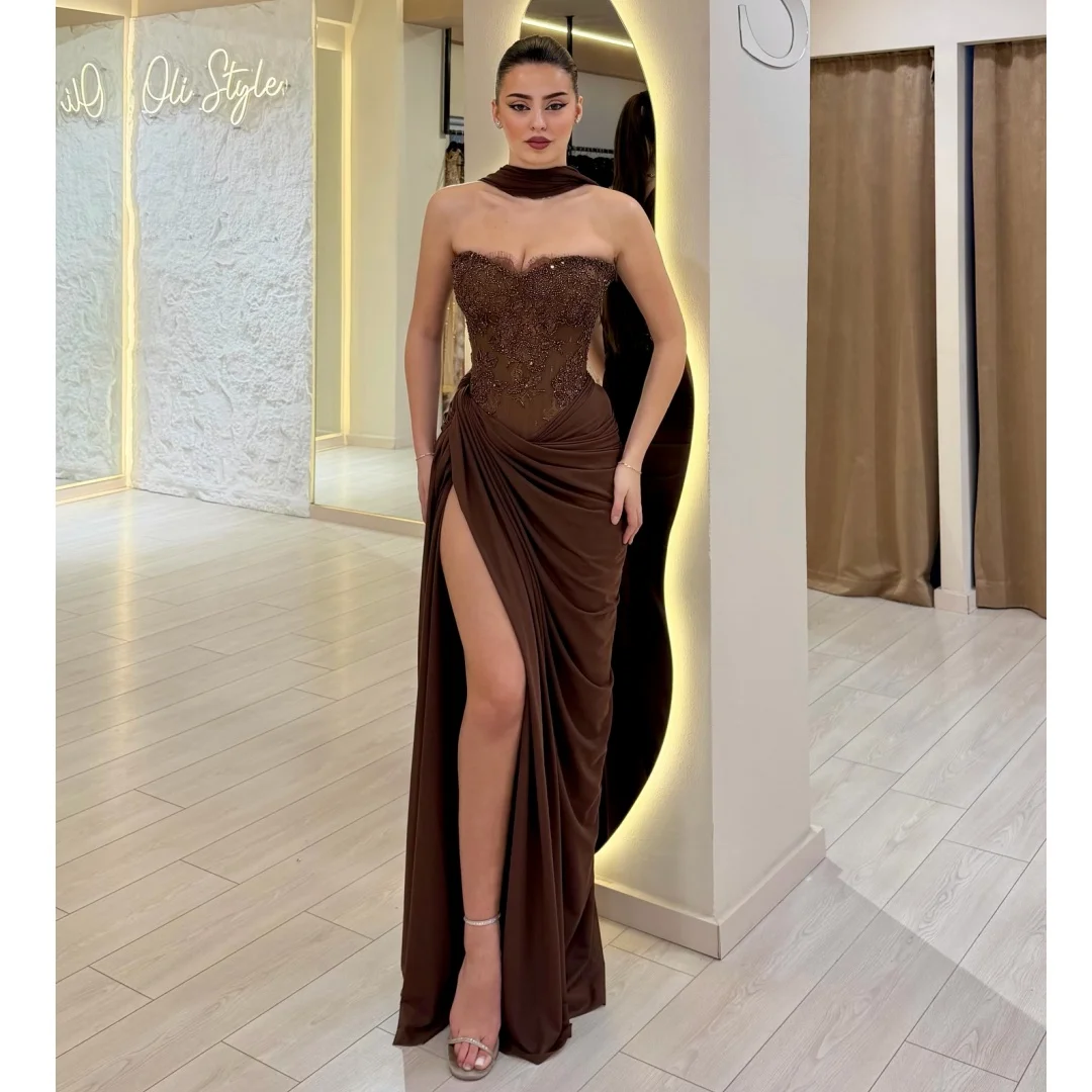 

Chocolate Slit Evening Dresses Luxury Lace Corset Pleat Prom Dress Sleeveless Chic Birthday Party Gown Gala Vestidos Customized