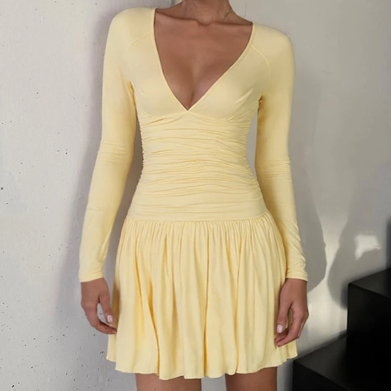 Maemukilabe Women Fall Long Sleeve Mini Dress Y2K Deep V Neck Ruched Pleated Hem Bodycon Dresses Sexy A-Line Short Party Dress