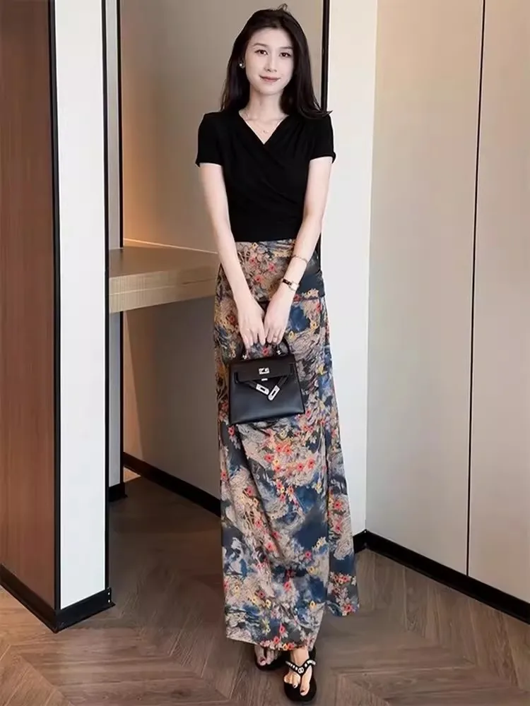 

Summer Fashion Set Back Strap T-shirt Elegant Casual Retro Print Split Large Size Half Skirt Two-piece Set High Waist Pants