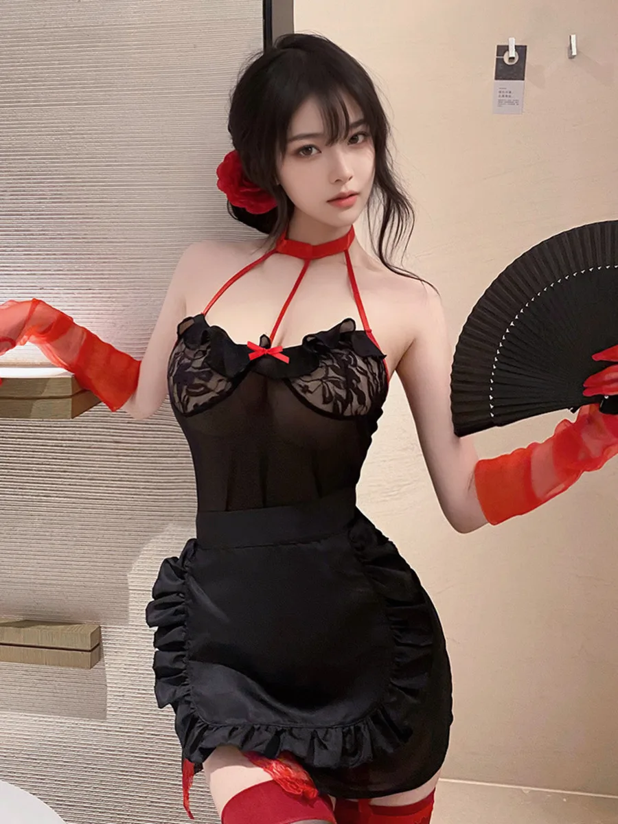 Vestido transparente de estilo puro deseo de medianoche, vestido Sexy de encaje dividido con cuello colgante, vestido transparente de malla sin espalda, vestido sin mangas Casaul 6KA0