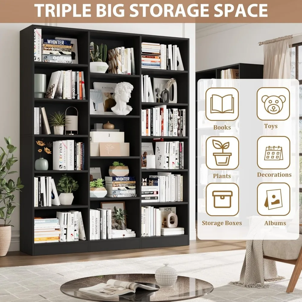 رف كتب كبير ثلاثي عريض مكون من 6 طبقات، وخزانة كتب مفتوحة بطول 74 طويلًا مع 17 رفًا للتخزين