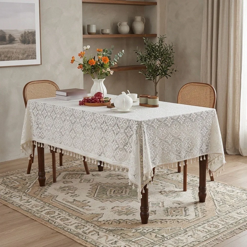 Rectangular For Tablecloth Knitted with Bohemian Openwork and Tassel Trim for Family Gathering Decoration 150x180CM 150x260CM