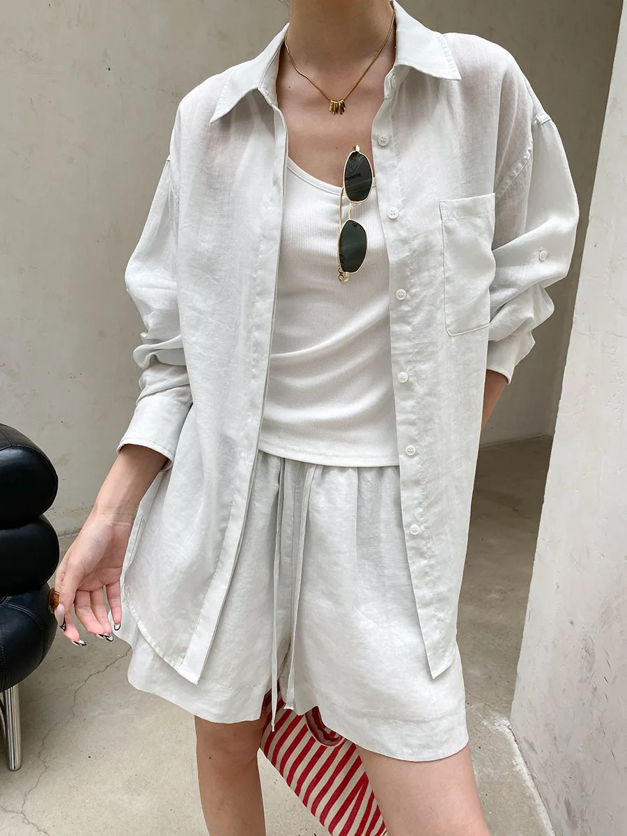 Sommer Damen Casual Einfarbiges Sonnenschutz-Kragen-Langarmshirt mit Kordelzug-Shorts, Lockeres Set – Detail 21