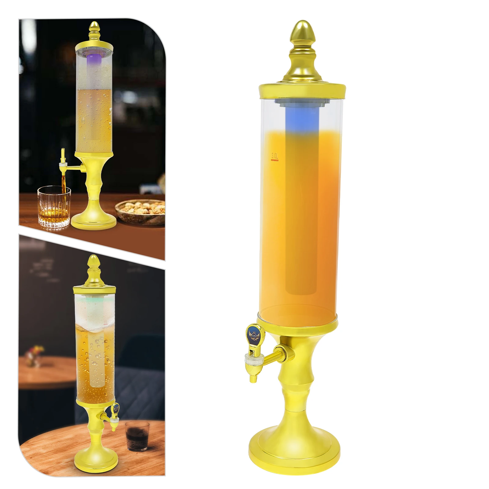 Beer Tower Dispenser with Ice Tube and   Light - 3.2 Qt./3 L Gold