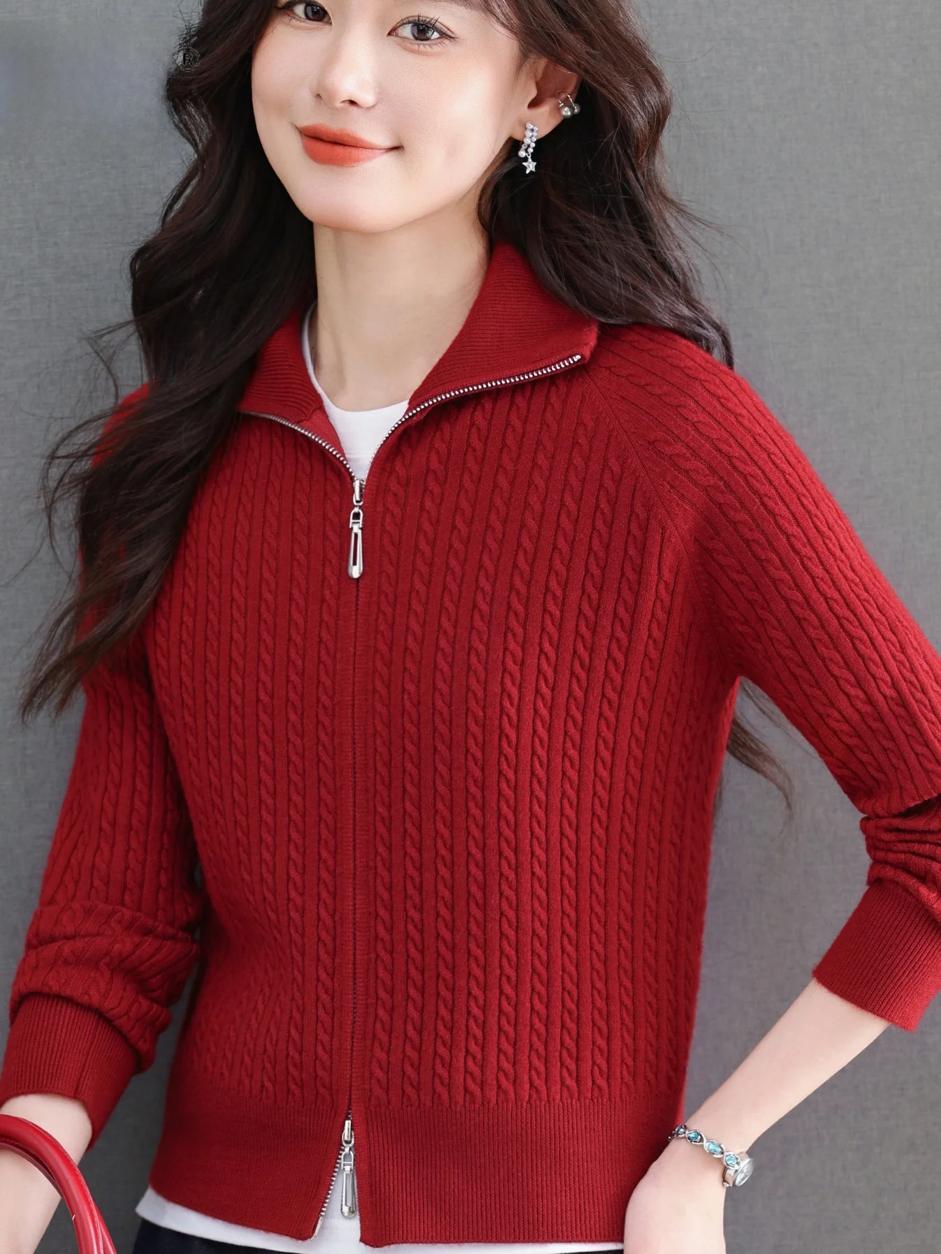 

Spring Faion ort Zipper Knitted Open Cardigan Women's Sle Collar Mom's Sweater Jaet Trendy Small Size Top Middle-Aged