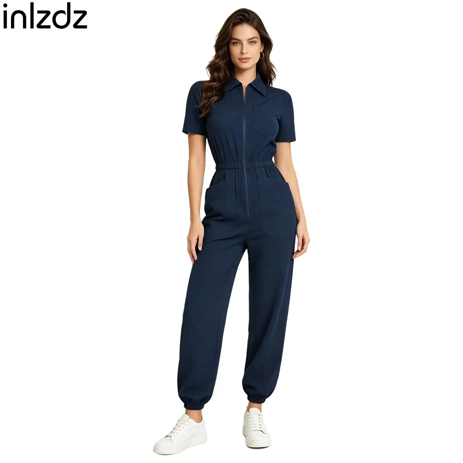 

Adults Women Medical Uniform Jumpsuit Short Sleeve Multi Pocket Front Zipper Elastic Waist Jogger Pants One Piece Romper Outfit