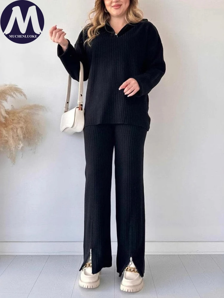 Women's Long Sleeved Knitted Sweater and Loose Pant Set, Elegant Tops, Zipper Suits, Casual, Fashionable, Autumn, Winter, 2 Pcs