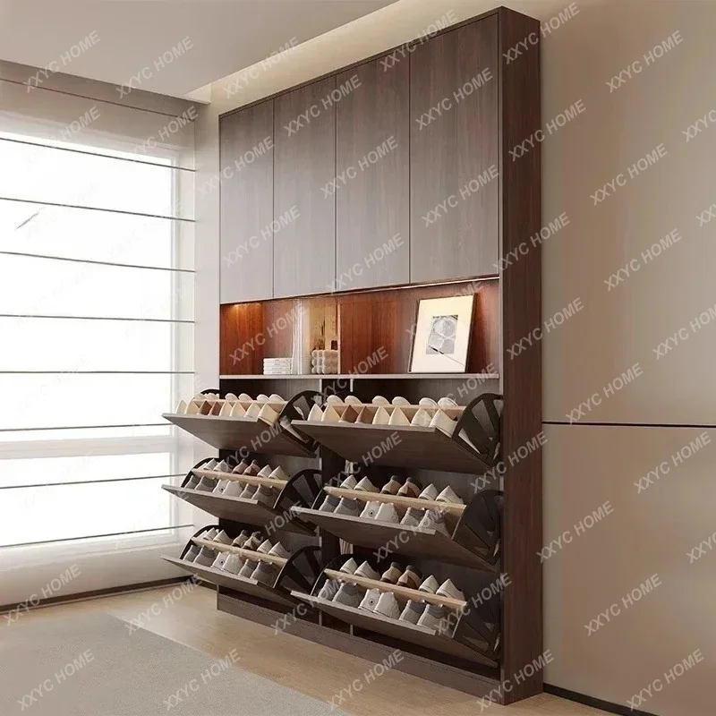 AAA90 All Solid Wood Medieval Shoe Cabinet Household Corridor Double-layer Tipping Bucket Shoe Cabinet Storage Oak