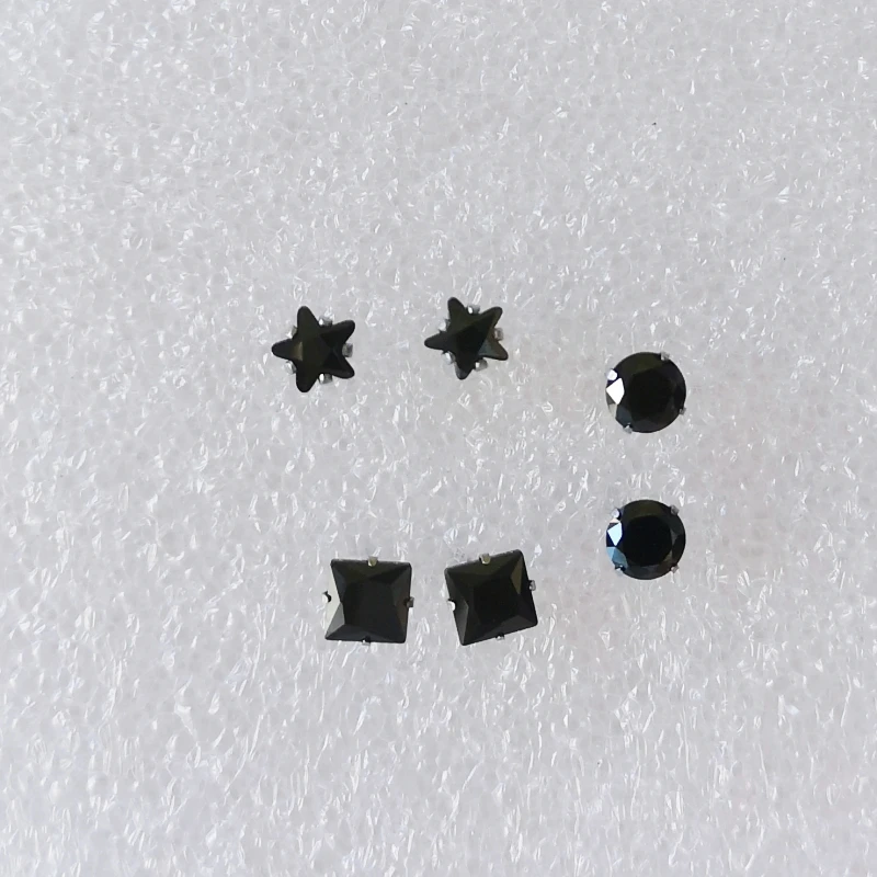 3 Pairs Black AAA Zircons Round Star Square Brief Stud Earrings 316L Stainless Steel IP Planting No Fade Anti Allergy